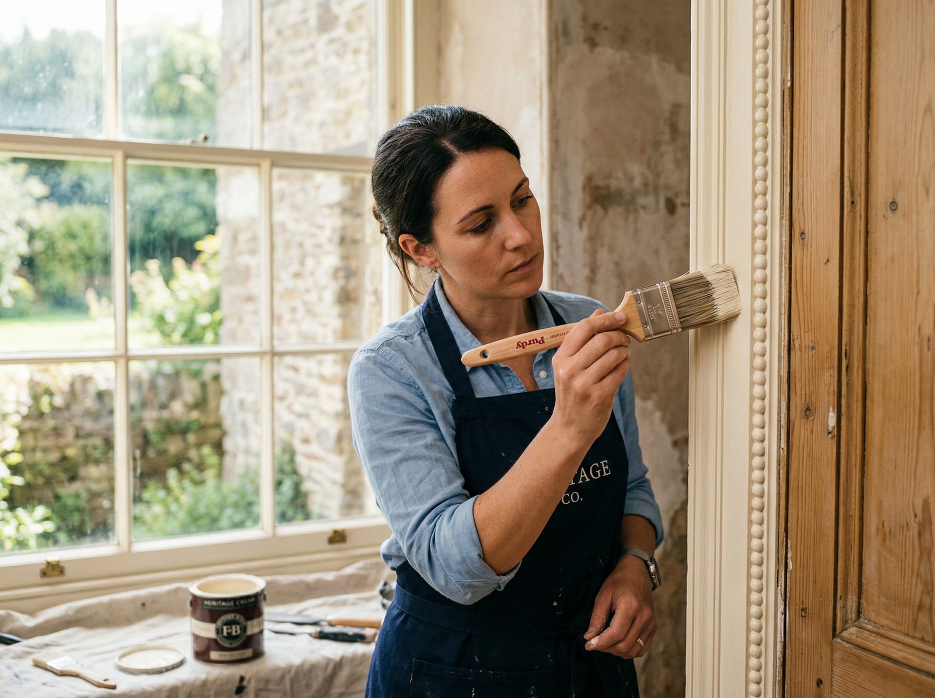 Professional painter carefully working on period property detail